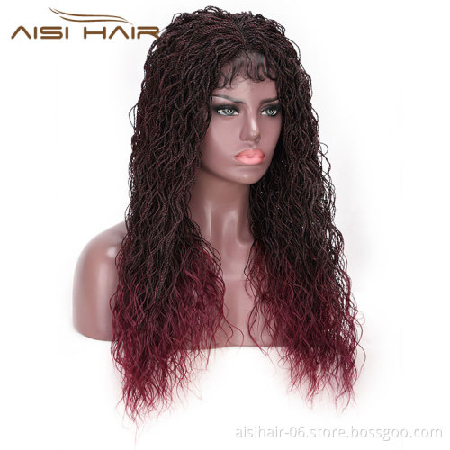 Aisi Hair Ombre Wine Red Lace Front Long Braided Wigs For Women Senegalese Twist Braided Lace Front  Synthetic Long Wavy Wigs